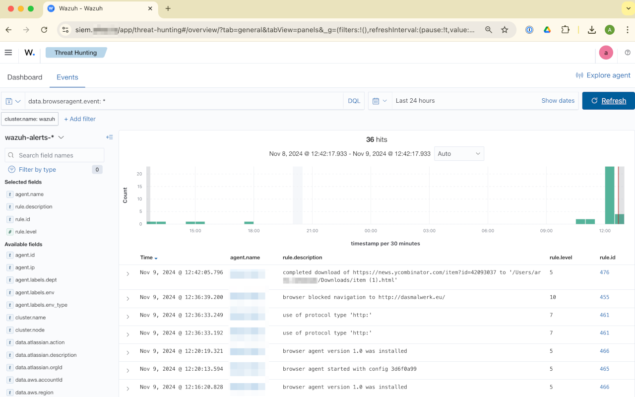screenshot of events in Wazuh